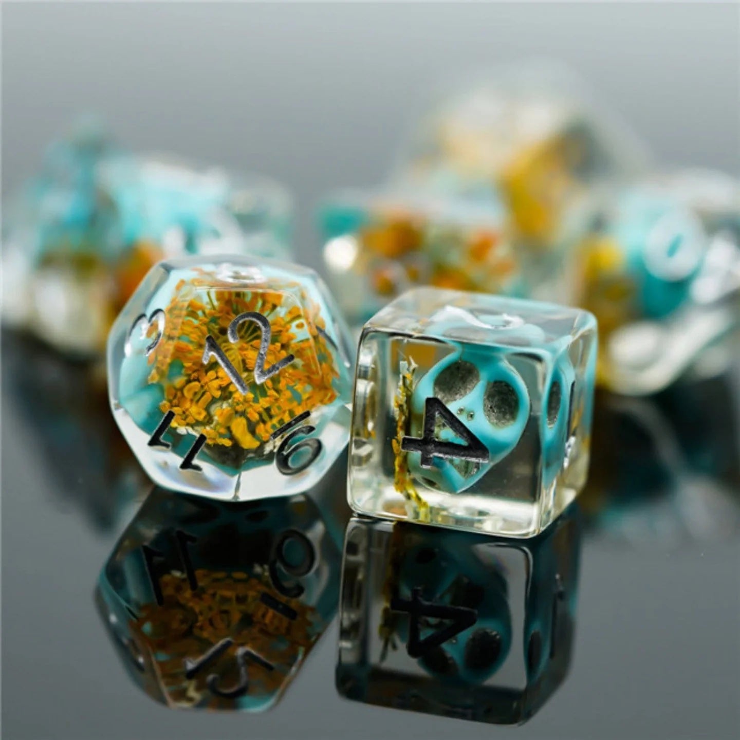 Yellow Flowers with Blue Skulls Dice Set